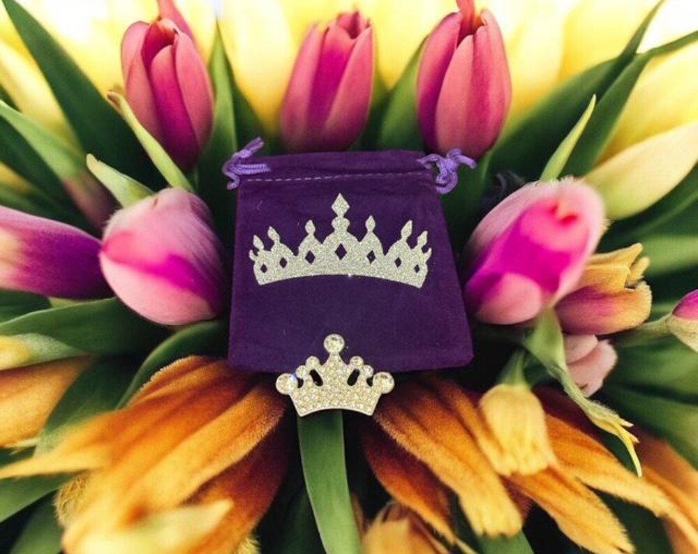 Magnetic Rhinestone Crown pageant contestant number holder with velvet storage bag